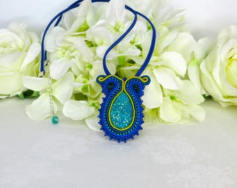 Sparkling Blue And Teal Necklace. Soutache Beaded Jewellery. Unique Textile Handmade Design.