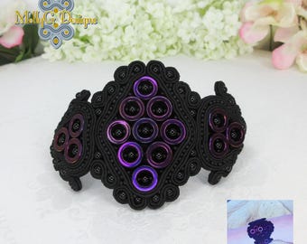 Black And Purple Cuff. Statement Soutache Beaded Bracelet. Unique Handmade Textile Jewellery. Gothic, Cosplay Cuff.