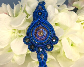 Blue Bracelet Cuff. Textile Soutache And Beaded Jewellery. Unique Handmade Design.