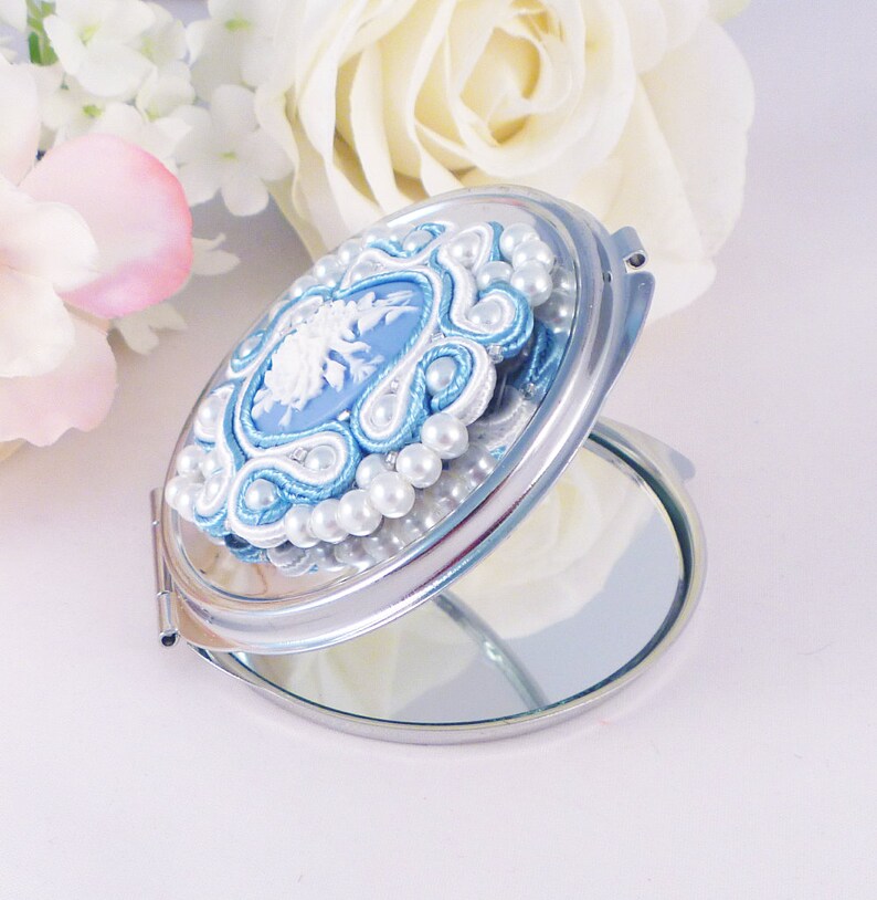 Compact Mirror Decorated With Beaded Soutache Mollyg Designs. Pale Blue