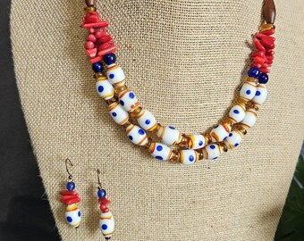 Red, Blue and Amber Spotted African Necklace and Earring Set