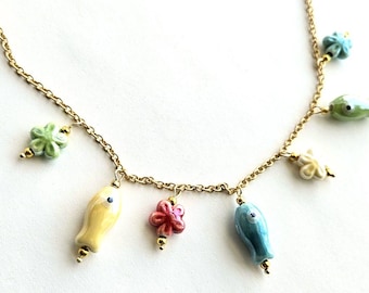 Fish and flowers Ceramic Necklace