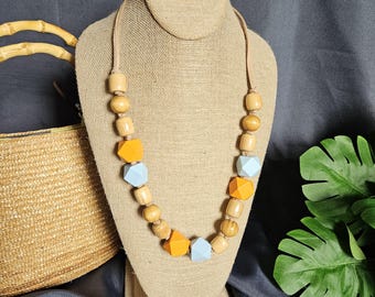 Sky Blue and Marigold BohoWood Necklace