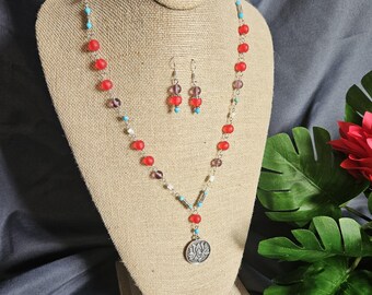 Red, Purple and Teal Lotus Necklace and Earring Set