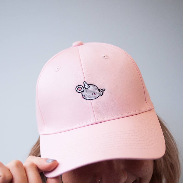 Cute Pink Narwhal Whale Hat with Heart Bubble - Embroidered Cap - Pink Hat