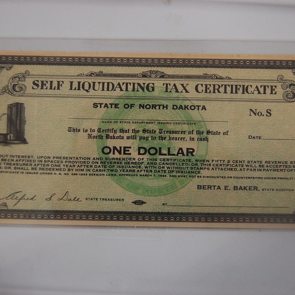 Obsolete Currency--Self Liquidating Tax Certificate-North Dakota-1933--Stunning Color-Scarce-Depression Scrip