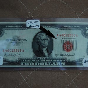 Two Dollar Bill-1953  -- Note  Series--- Jefferson --AU- Serial A-A-Full House Serial -.-Some Light Wear  No Note Damaged----Shift error