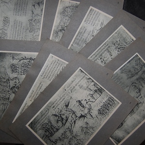 May include: A collection of antique prints, each framed in gray, featuring detailed black and white illustrations. The prints display scenes with figures, buildings, and text, suggesting historical or artistic themes. The arrangement of the prints creates a layered visual effect.