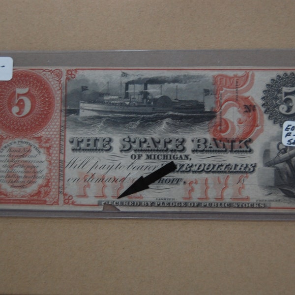 Obsolete Currency-- Michigan State Bank---Five Dollar Bill  186_ __Civil War era-----STUNNING---Red and Rose Toned