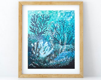 Coral prints, underwater painting, blue wall art