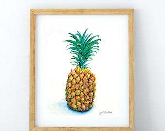 May include: A watercolor painting of a pineapple with a green top and yellow fruit. The pineapple is sitting on a white background.