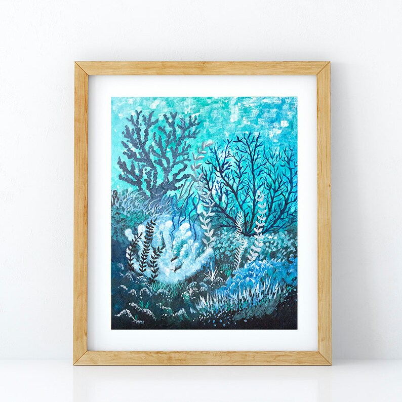May include: A framed painting of an underwater scene with coral, seaweed, and other aquatic plants in shades of blue and green.