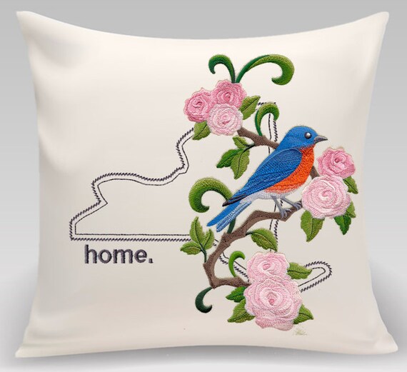 New York Bluebird and Rose Medley. Embroidered with feather insert
