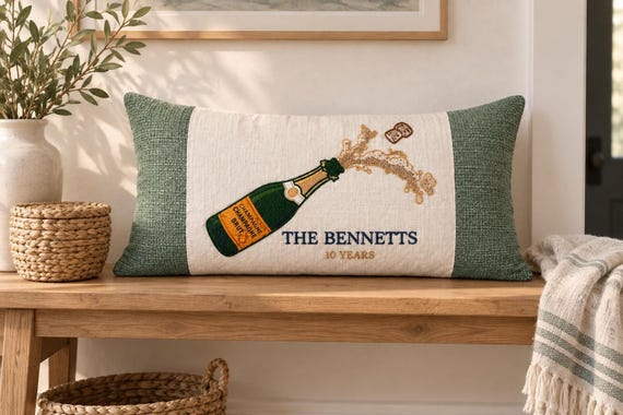 Anniversary Pillow, 24 x 16 Embroidered Champagne Cushion with Custom Text