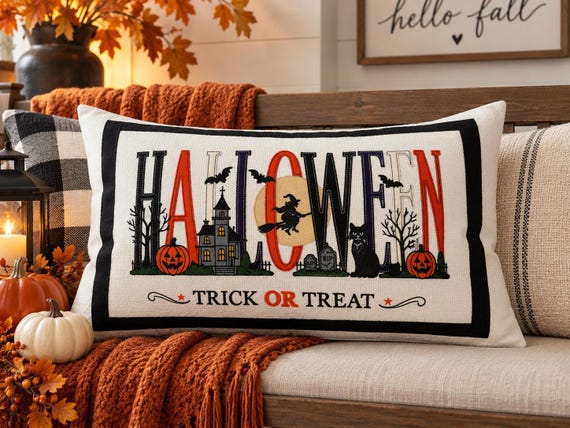 Halloween Pillow, Embroidered Trick Or Treat Design, 26 x 18 Inch Bench Decor