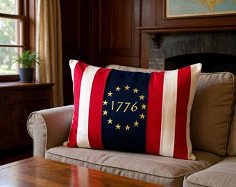 Embroidered handcrafted American 1776 flag pillow with feather insert