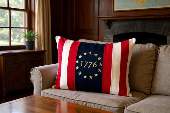 Embroidered handcrafted American 1776 flag pillow with feather insert