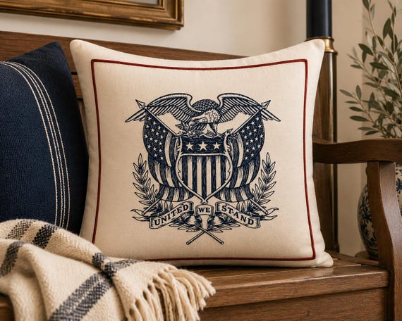 Vintage Americana Eagle Pillow - United we Stand - 250 Embroidered celebration decor