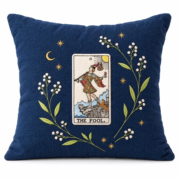 Tarot Card Pillow, Navy Embroidered The Fool Decor - 18 Inch Throw