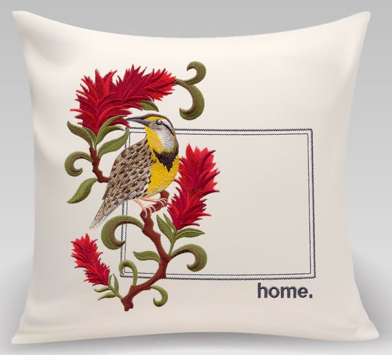Wyoming Western Meadowlark and Indian Paintbrush Medley- Embroidered with feather insert