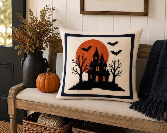 Haunted House Pillow, Embroidered Spooky Home Decor with Gothic Design