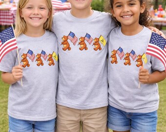 America kids 4th of July tee shirt - Liberty Bear Parade - Patriotic Flags