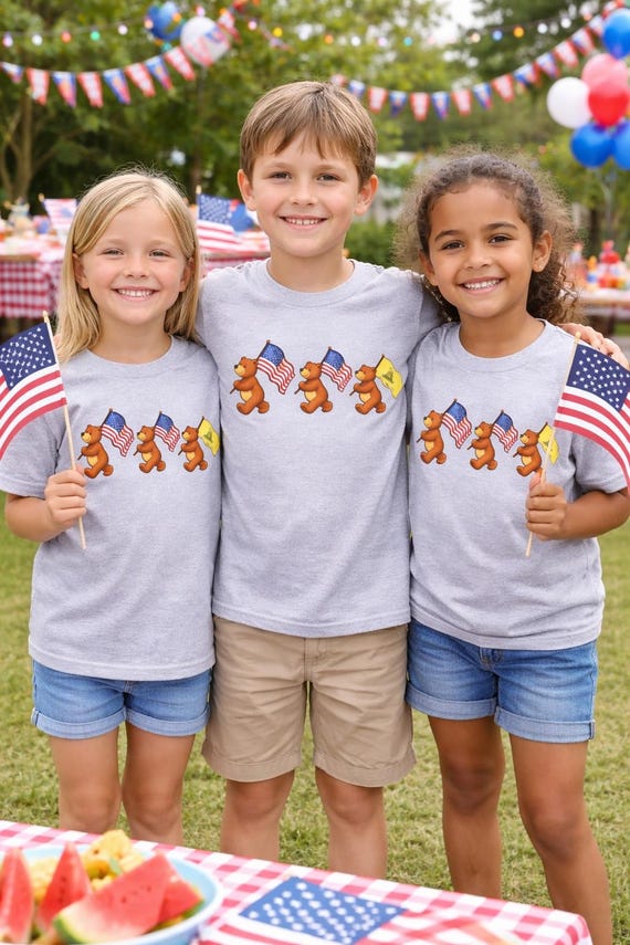 America kids 4th of July tee shirt - Liberty Bear Parade - Patriotic Flags