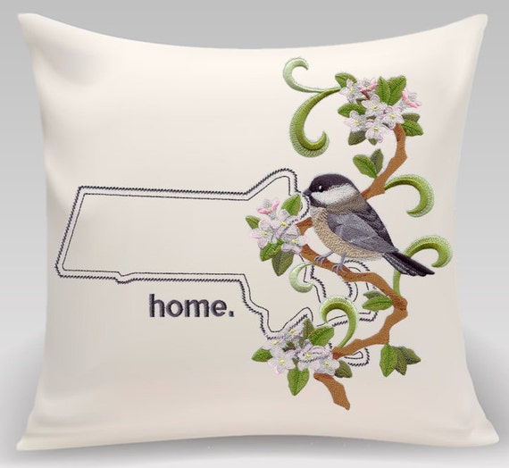 Massachusetts Chickadee and Mayflower Medley. Embroidered with feather insert