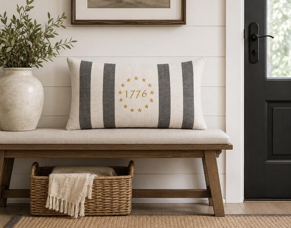 1776 Embroidered Lumbar Pillow - Patriotic Farmhouse Decor - Betsy Ross inspired pillow