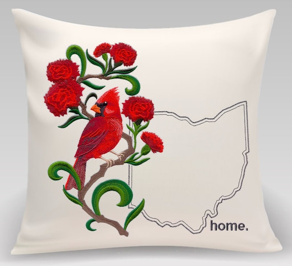 Ohio Cardinal and Scarlet Carnation Medley. Embroidered with feather insert