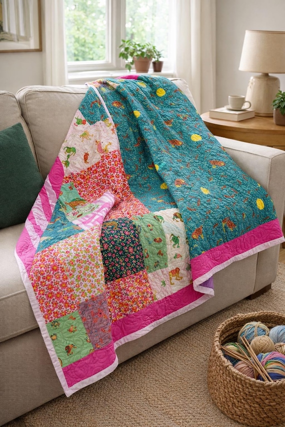 Handmade Woodland Quilt 54x54, Floral Patchwork Baby Nursery Decor, Cottagecore 3-piece Kids Room Gift set.