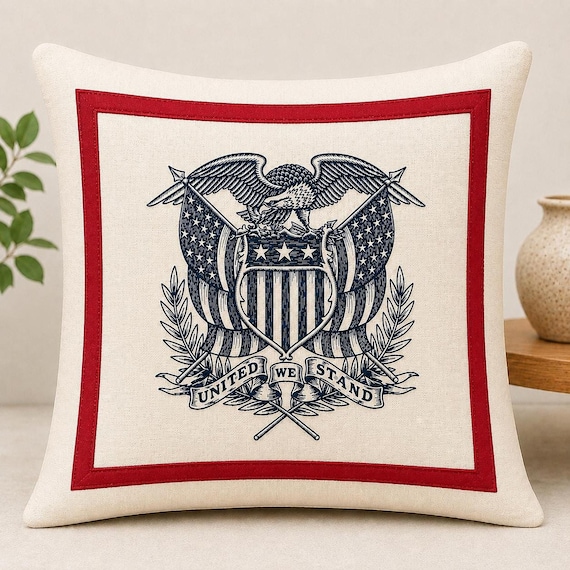 Americana Pillow, Embroidered Eagle With United We Stand Crest - 18 x 18