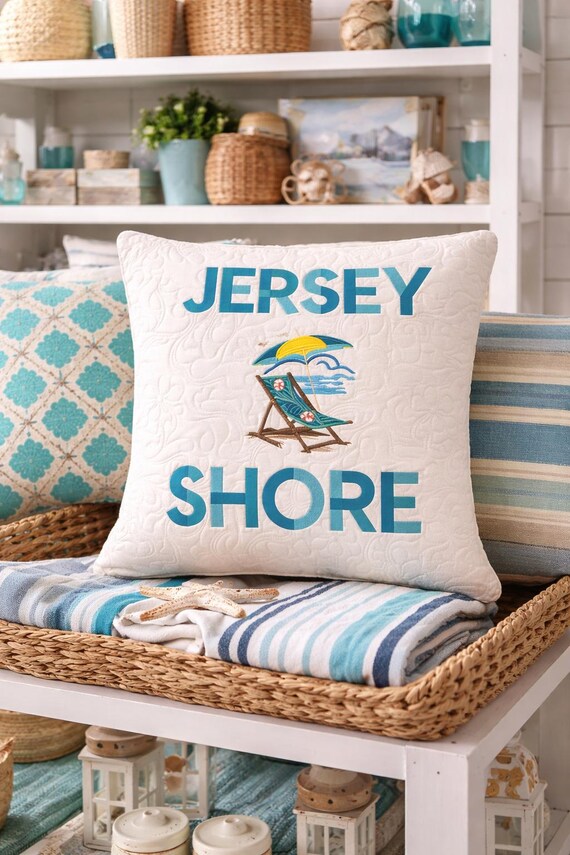 Embroidered Jersey Shore Throw pillow | Coastal Beach House