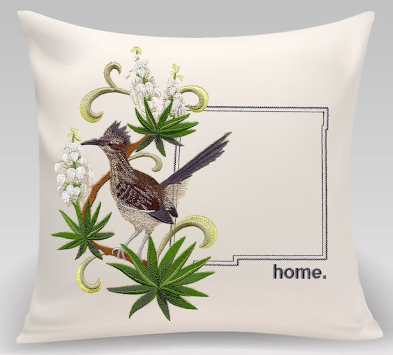 New Mexico Roadrunner and Yucca Flower Medley. Embroidered with feather insert