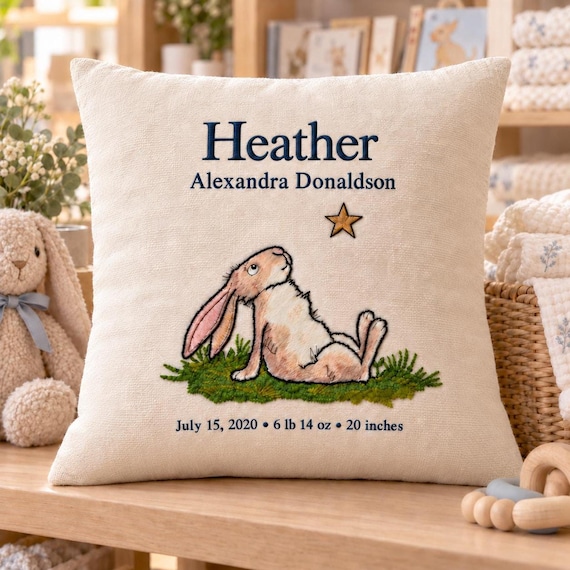 Birth Announcement Pillow, 18 x 18 Embroidered Baby Details with Feather Insert