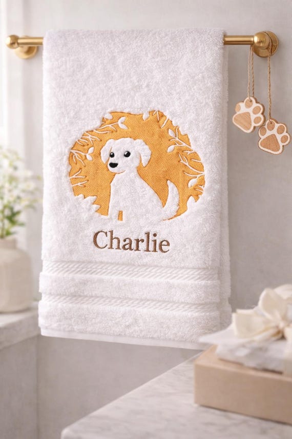 Embroidered Puppy Hand and Bath Towel, Personalized Kids Bathroom Decor