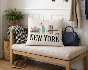 New York Embroidered Pillow - NYC landmarks - Statue of Liberty - Brooklyn Bridge - Travel gift