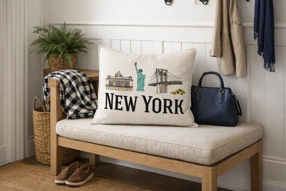 New York Embroidered Pillow - NYC landmarks - Statue of Liberty - Brooklyn Bridge - Travel gift