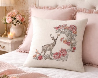 Embroidered Floral deer pillow p- Rustic cottage throw decor, neutral decor