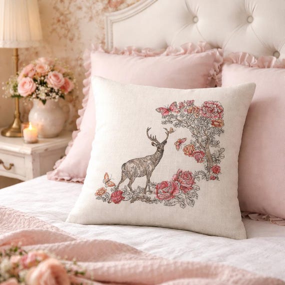 Embroidered Floral deer pillow p- Rustic cottage throw decor, neutral decor