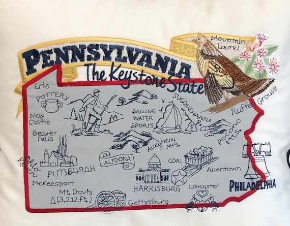 Pennsylvania pillow   Embroidered Landmarks   Handmade and fully lined with insert