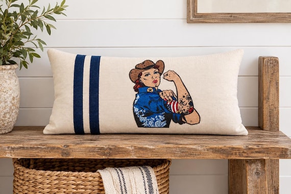 Embroidered Lumbar Pillow, Western Cowgirl Design - 24x16 Accent