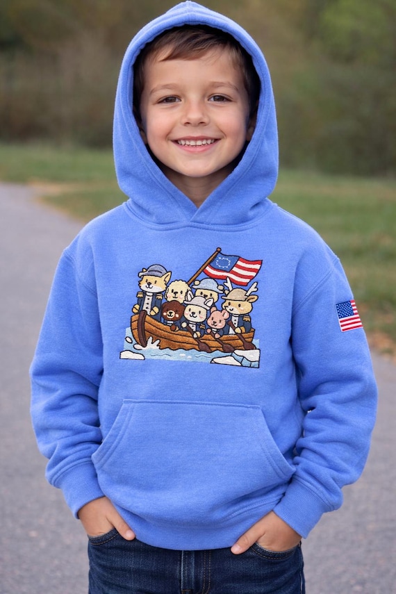 Kids patriotic embroidered hoodie. 250 Crossing the Delaware
