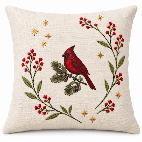 Cardinal Pillow 18 x 18, Christmas Cushion with Feather Insert