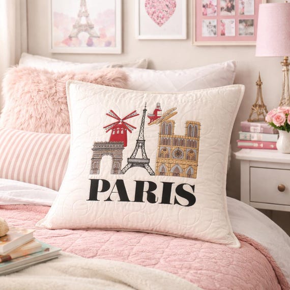 Romantic embroidered Paris throw pillow | French Paris bedroom decor