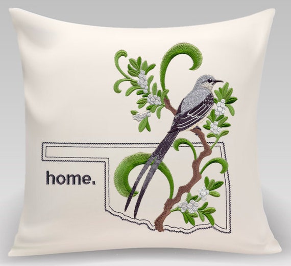 Oklahoma Scissor-Tailed Flycatcher and Mistletoe Medley. Embroidered with feather insert