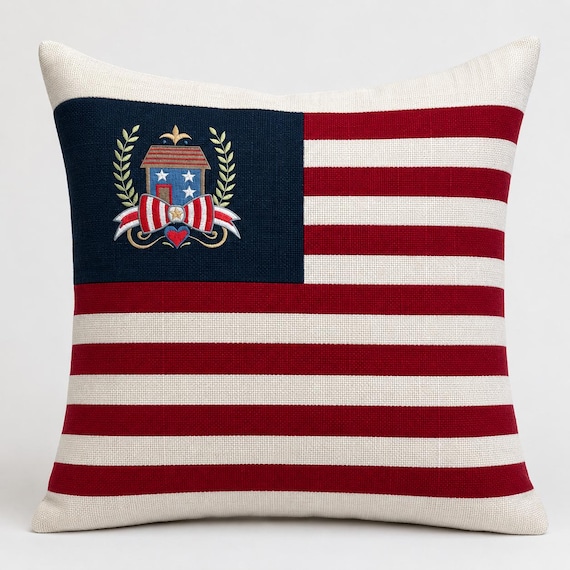 American Heritage Flag Pillow, Patriotic Embroidered Home Decor, Fourth of July, Memorial Day, Americana,