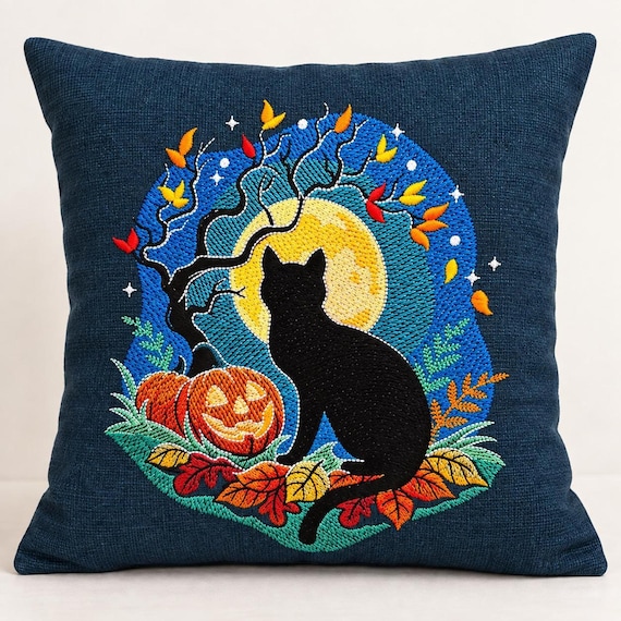 Embroidered Pillow, Black Cat Halloween Decor - 18 Inch Feather Insert