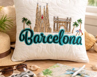Barcelona Travel Pillow - Embroidered City Landmark Cushion