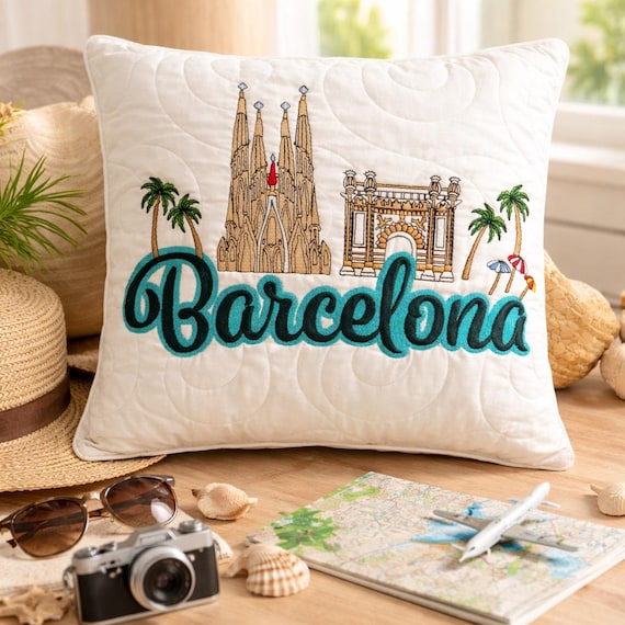 Barcelona Travel Pillow - Embroidered City Landmark Cushion